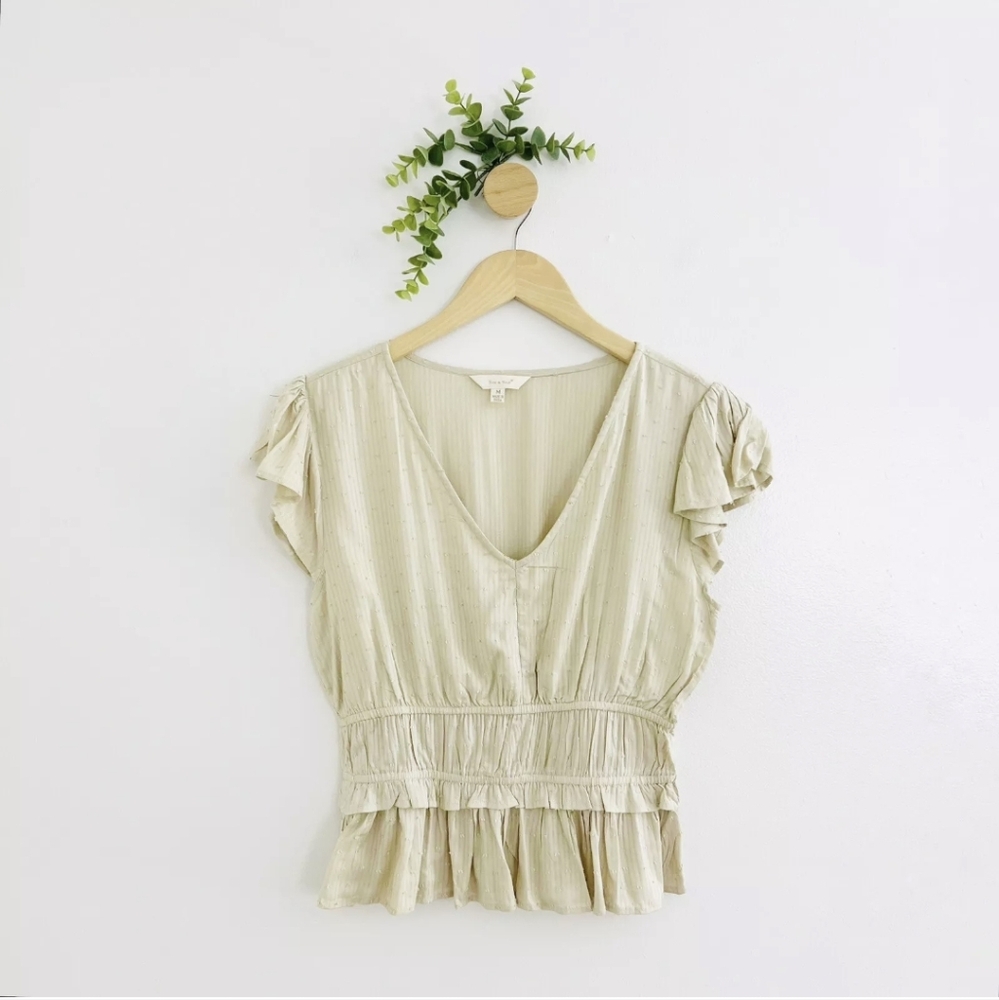 Sim & Sam Beige 100% Cotton Delicate V-Neck Cream Peplum Blouse Size Medium